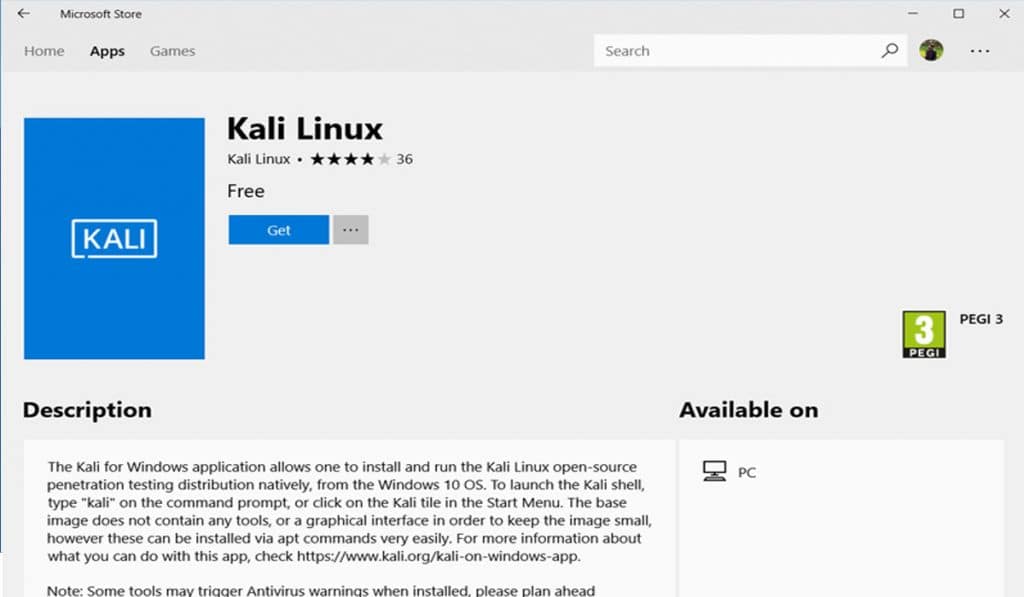 kali linux on microsoft store