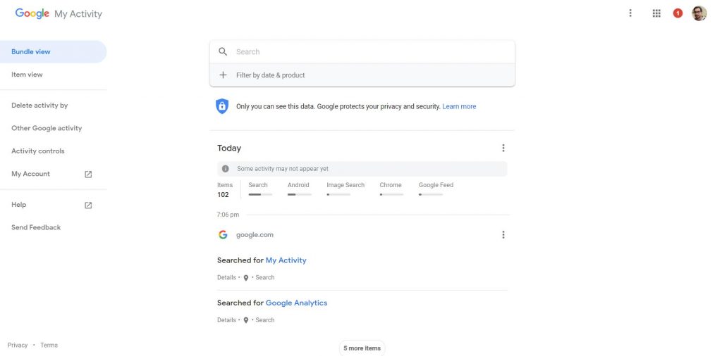 Google my activity feed