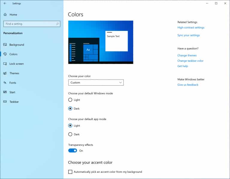 Windows 10 light theme settings