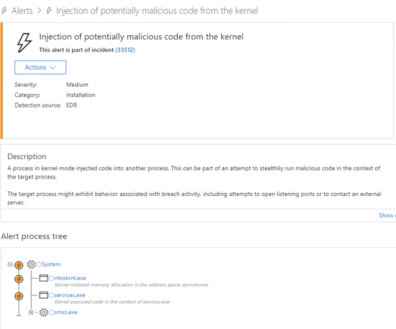 Microsoft Defender ATP kernel initiating code injection alert