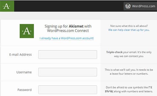 akismet wordpress signup