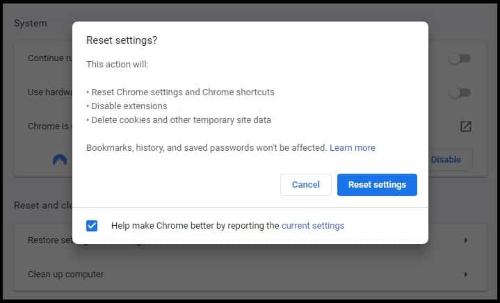 reset google chrome