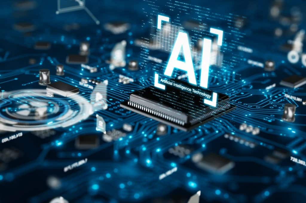 3D render AI artificial intelligence technology CPU central processor unit chipset on the printed circuit board for electronic and technology concept select focus shallow depth of field