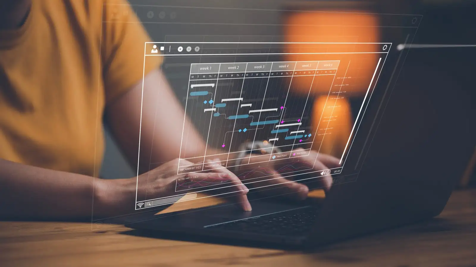 Analyst working with computer in Business Analytics and Data Management System to make report with KPI and metrics connected to database. Corporate strategy for finance, operations, sales, marketing