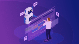 Graphic design indicating a man interacting with a robot concept of AI marketing and sales