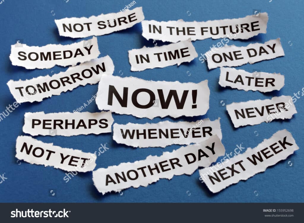 stock photo concept for procrastination and urgency with torn newspaper headlines excuses reading later one