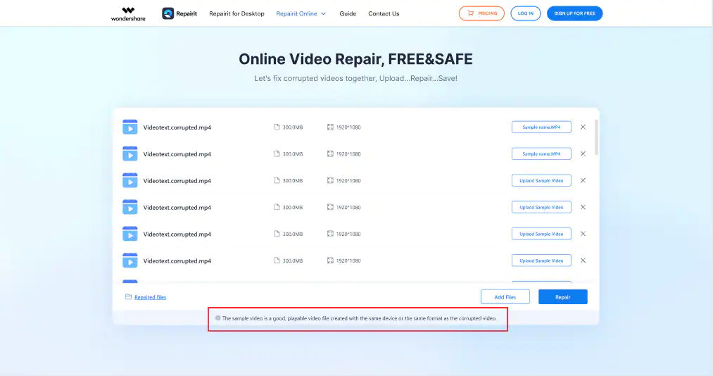 upload a sample video file into repairit