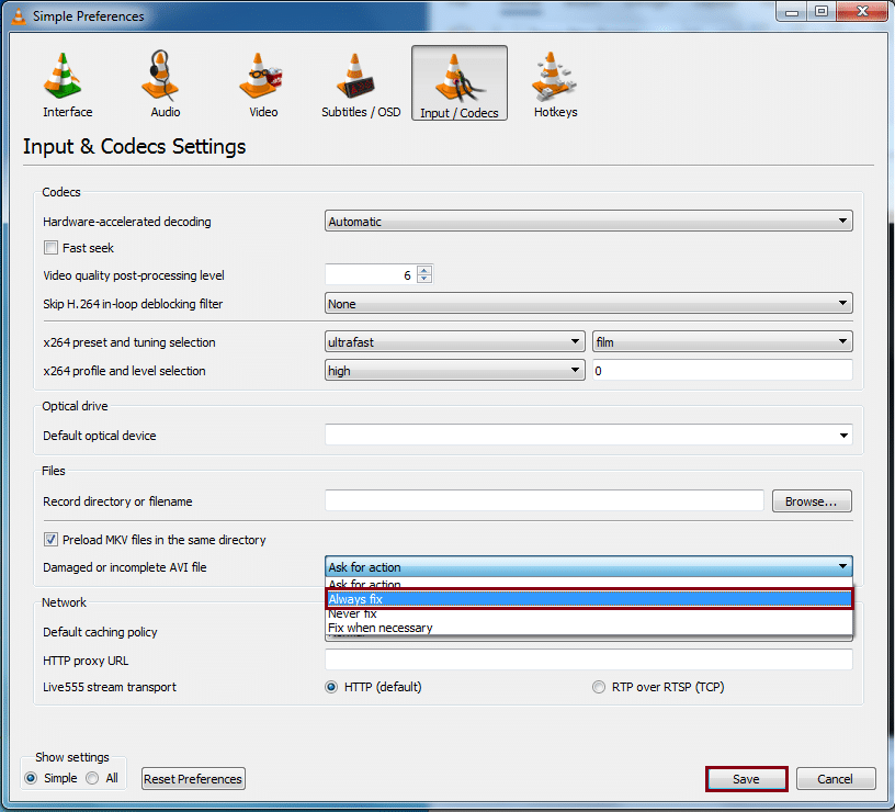 use vlc to repair damaged avi files