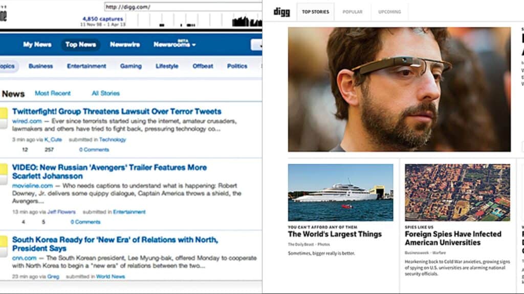 Digg Before and After Its Redesign pano