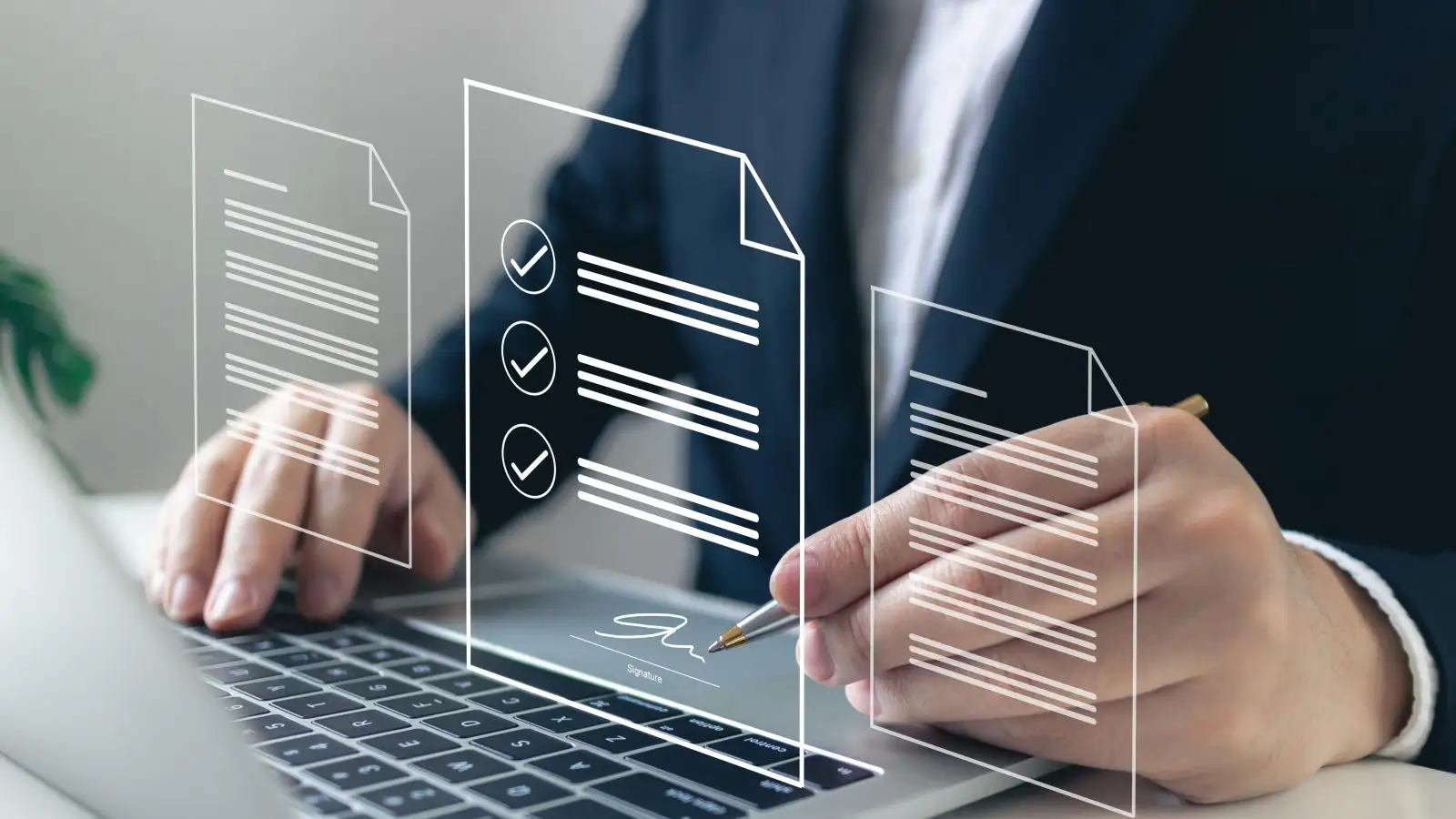 Businessman using a pen to sign electronic signature on documents file and approve tick correct mark a virtual screen laptop computer. E Signature Concept, QA , QE quality, document management.