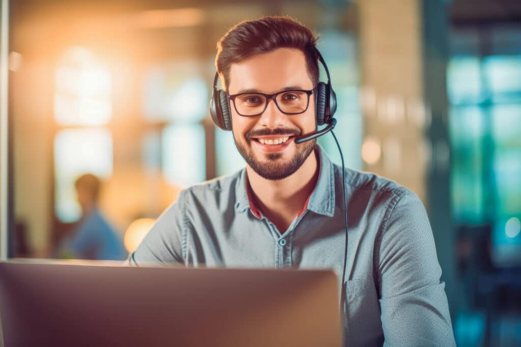 Handsome young smiley male with headphones on working on customer support. Generative AI