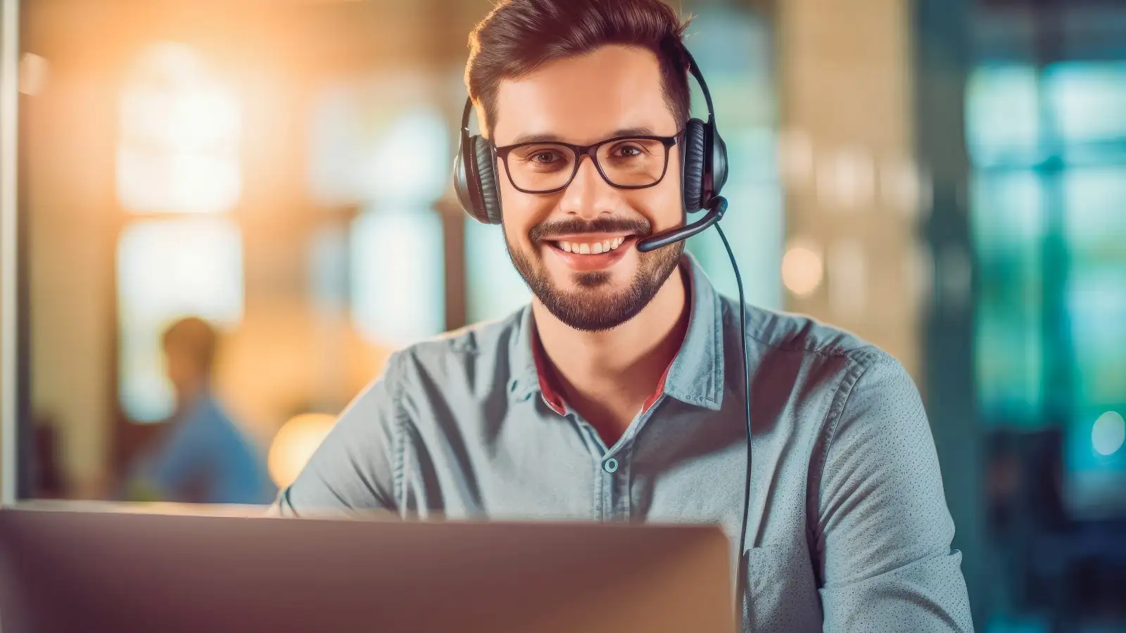 Handsome young smiley male with headphones on working on customer support. Generative AI