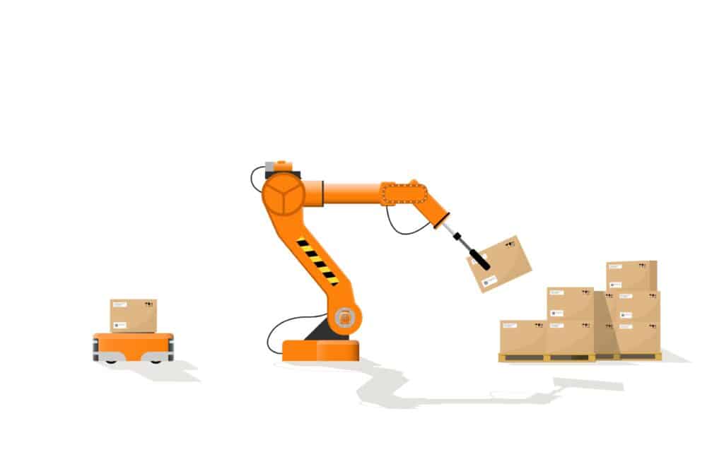 The robot arm picks up the box from the robotic trolley and stacks it on pallets. Warehouse automation concept. Vector illustration.